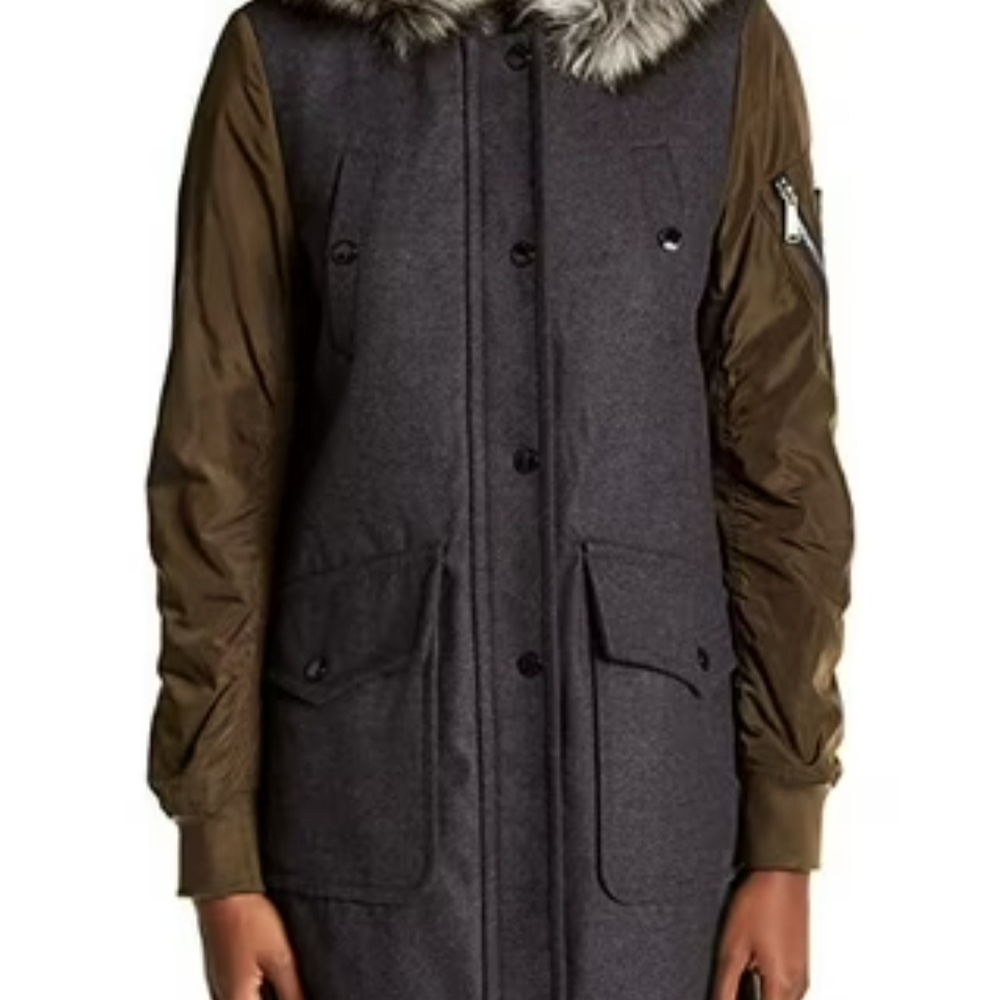 BCBGeneration Charcoal and Olive Utility Jacket with Faux Fur